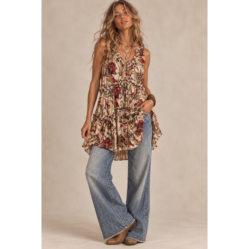 Free People Hummingbird Floral Tiered Ruffle Tunic Top XS Boho V-Neck Sleeveless